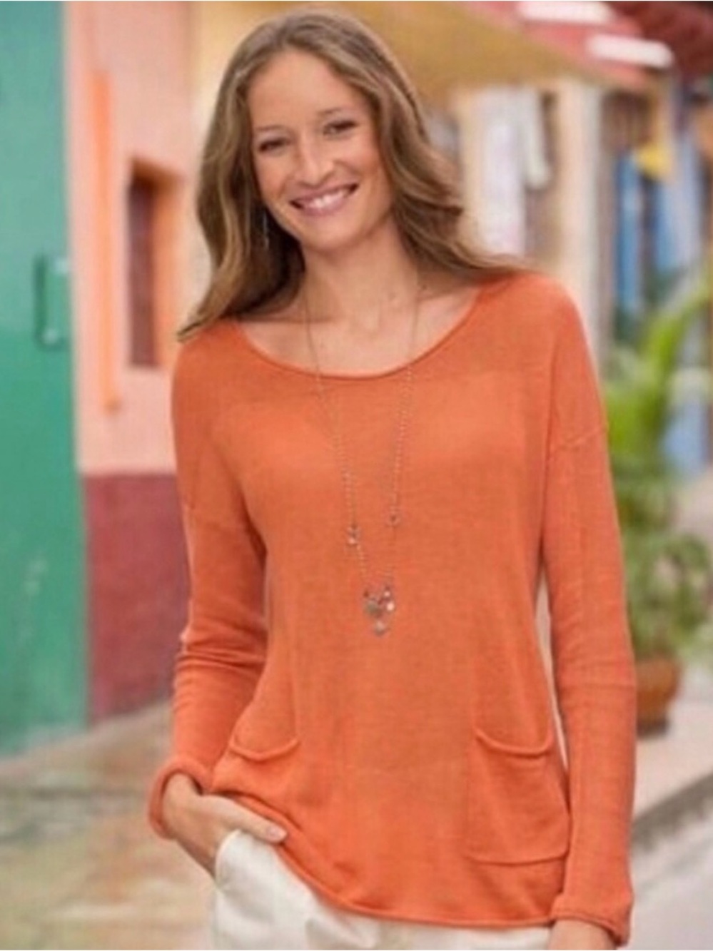 Sundance Simple Pleasures orange linen pullover sweater Women’s Size PM